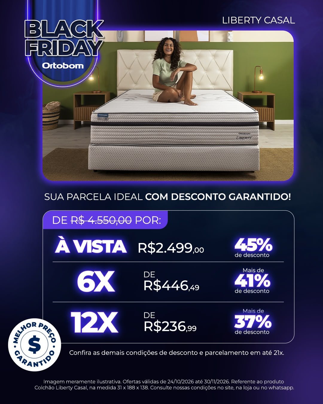 Arte Black Friday Ortobom — Colchão Liberty Casal, com preços à vista, em 6x e 12x e validade de 24/10/2026 até 30/11/2026.